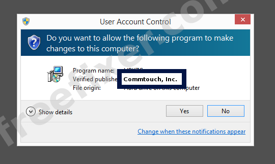 Screenshot where Commtouch, Inc. appears as the verified publisher in the UAC dialog